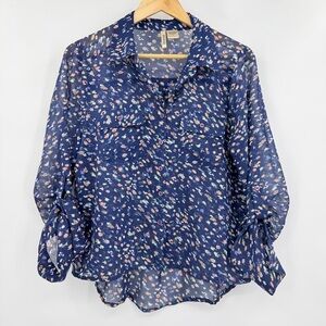 Passport Floral Semi Sheer Blue Long Sleeve Button to 3/4 Blouse Large